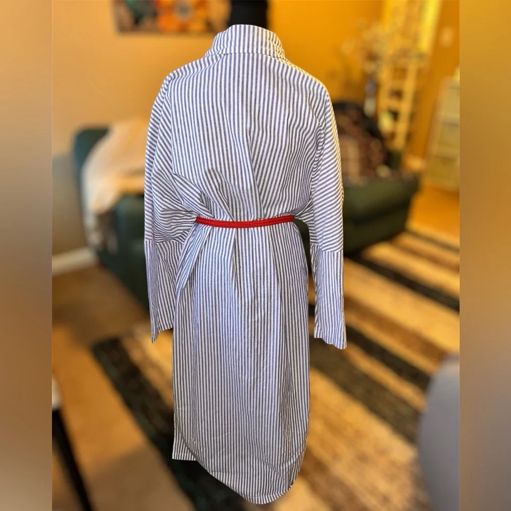 Chouytou button down shirt dress blue & white stripes, side pockets, split hem - Picture 3 of 16